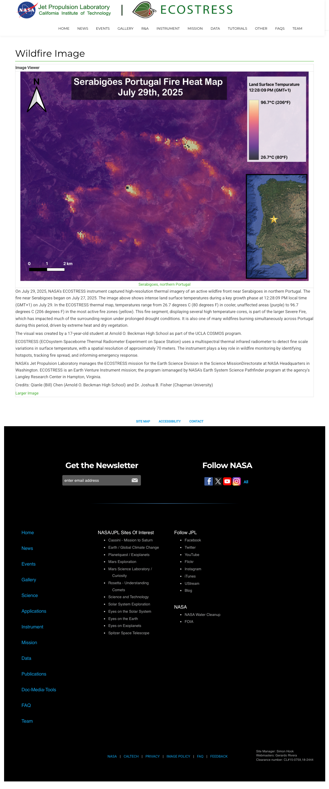 ECOSTRESS Serabigões Portugal Wildfire Heat Map, July 29, 2025